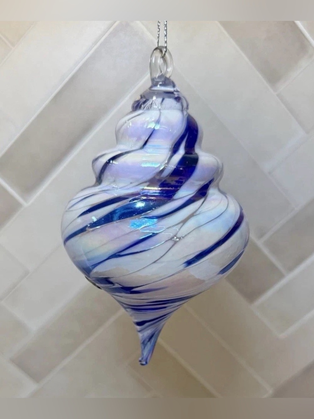 Iridescent Blue and White Swirl Blown Glass
Christmas Ornament Avita Corning NY